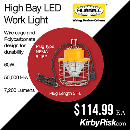 KirbyRisk's tweet photo. High Bay LED Work Lights from Hubbell Wiring Device with 120% LED efficiency. 60W, 50,000 hours. NOW $114.95 Details for this and other LED options at https://t.co/GTLb3GxazM @HubbellCorp #temporarylighting #LEDs https://t.co/a3pk3WgNyM