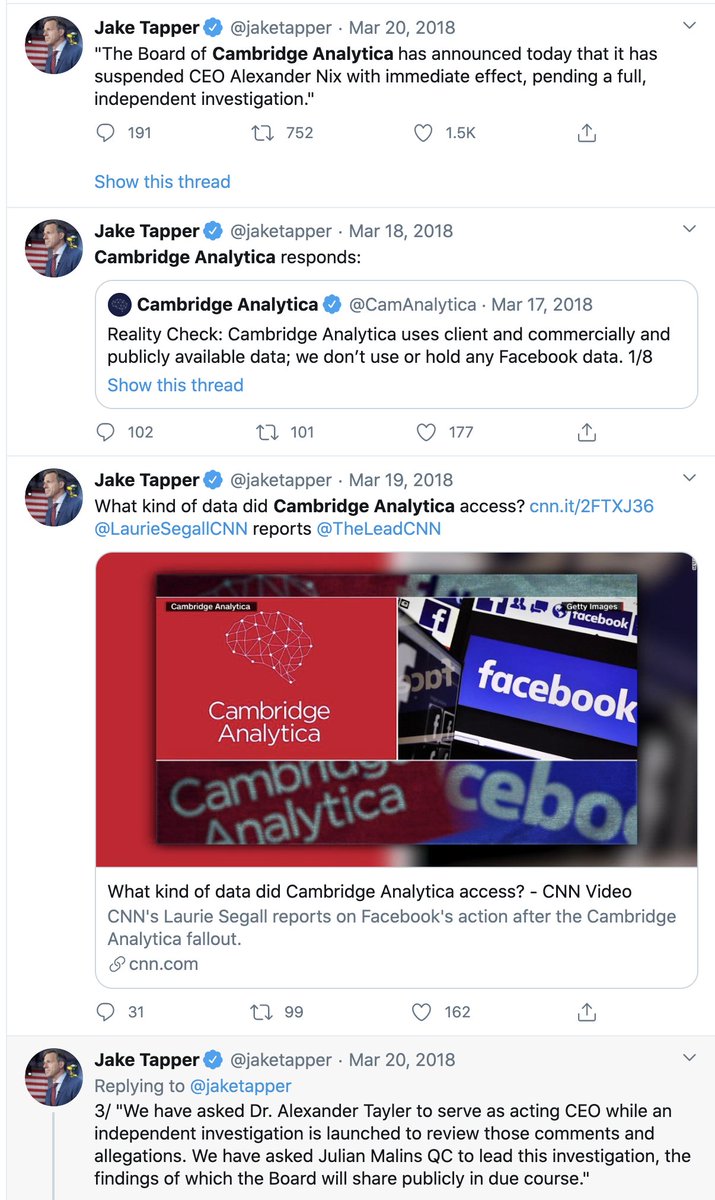 Don't know if anyone at CNN is covering debunking of the Cambridge Analytica whistleblower panic. This is what it looked like back in 2018.