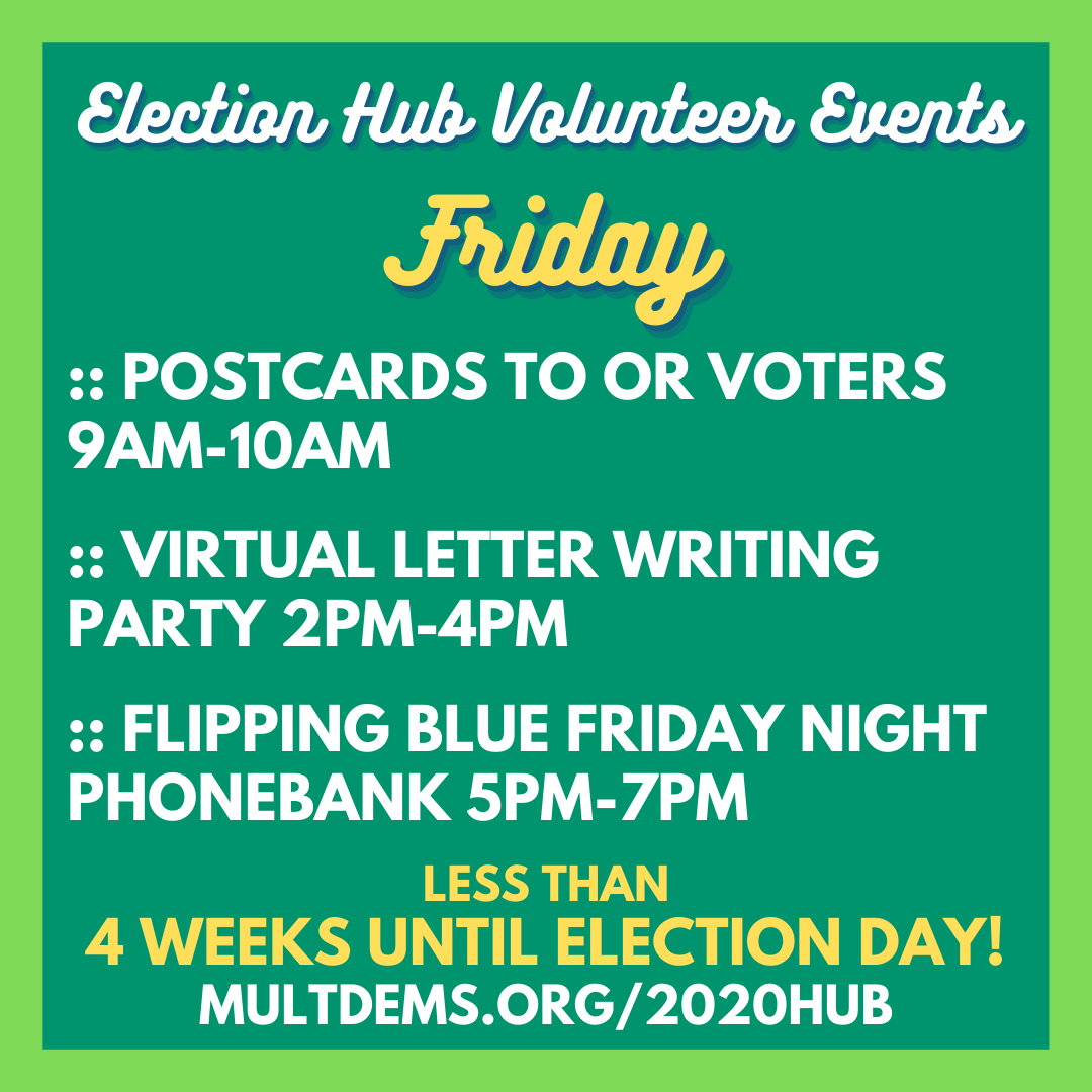 multdems's tweet photo. Happy Friday! This weekend, help us save Democracy, one phone call and letter at a time.
Sign up to volunteer online at our Election Hub.
➡️https://t.co/xuaVhjhlXH
✅link in bio
#election #2020 #election2020 #bidenharris2020 #volunteer #democrats #multdems #portland #oregon https://t.co/fVNxd91DRn