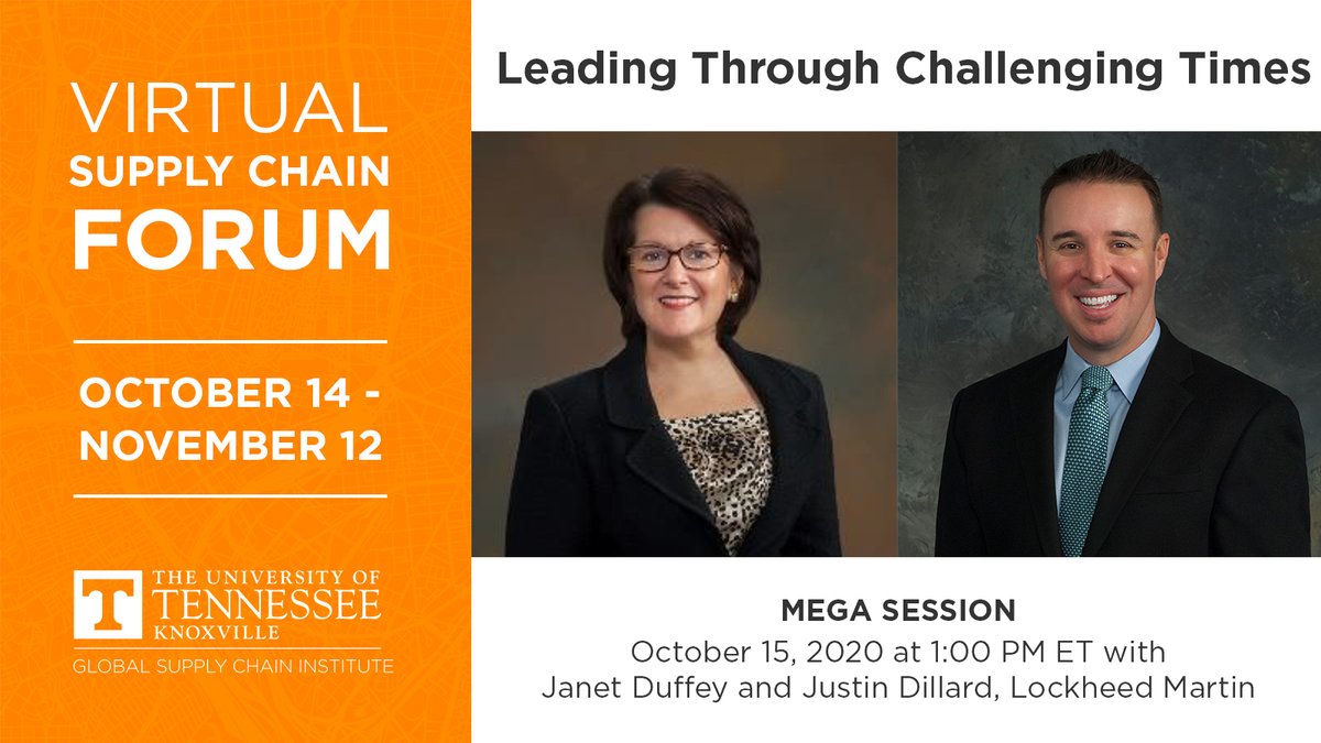 GSCInstitute's tweet image. It's not too late to register for next week's #MegaSession, "Leading Through Challenging Times," with Janet Duffey &amp;amp; Justin Dillard of #GSCIpartner @LockheedMartin. Join us for this virtual fireside chat Thursday 10/15 at 1PM ET. Registration is required. …all-supply-chain-forum.eventbrite.com