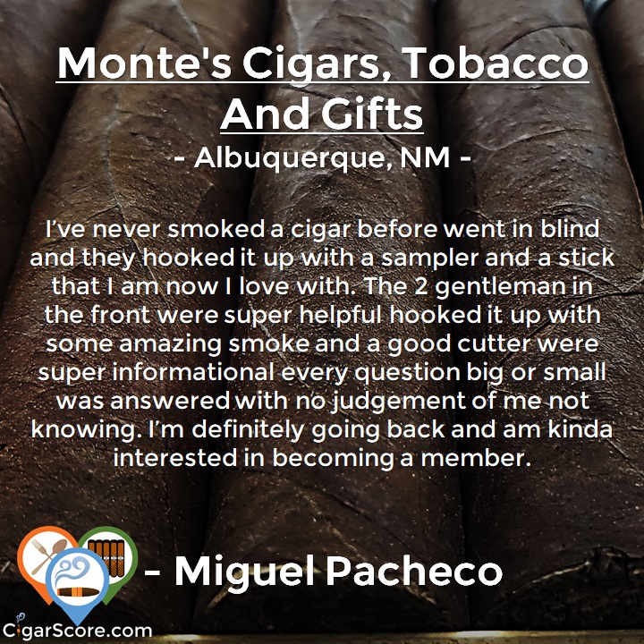 cigarscore's tweet photo. Another great review from a user on https://t.co/zpVzaHCuSF! There are so many great places to enjoy a #cigar, &amp; they're all on #CigarScore =)

#wheretosmoke @montescigars #wheretosmoke #abq https://t.co/qnUGwoEZ6p