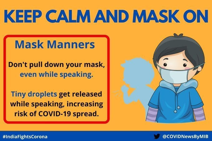 COVIDNewsByMIB's tweet photo. #IndiaFightsCorona:
📍Keep Calm and Mask On
Don't pull down your mask😷, even while speaking❗
Why❓
➡️Tiny droplets get released while speaking, increasing risk of #COVID19 spread.
#StaySafe #IndiaWillWin #Unite2FightCorona https://t.co/UX6eoXaQMH