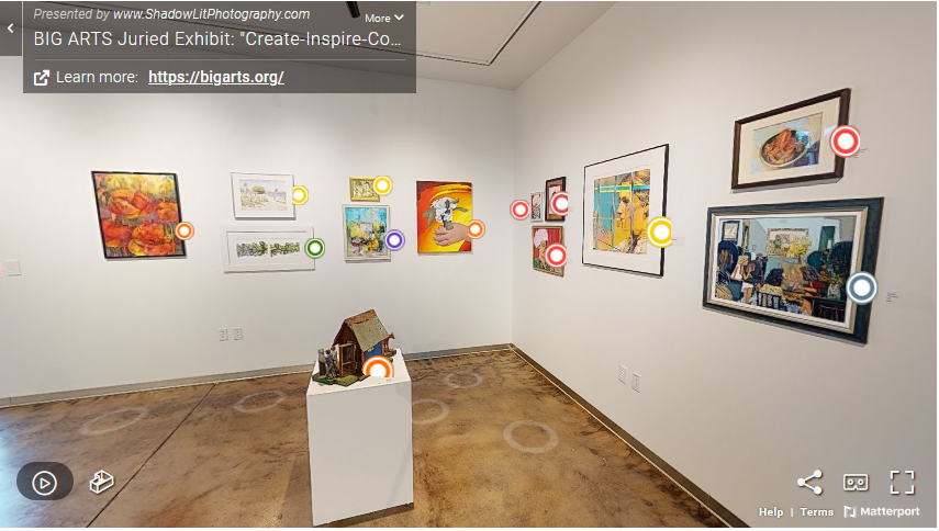 BIG_ARTS's tweet photo. Enjoy a virtual stroll through the stunning new Dunham Family Gallery featuring BIG ARTS Juried Exhibit: Create - Inspire - Connect. Follow the path through the 3D rendering of the gallery to view the wonderful diversity of styles and mediums we received . https://t.co/GpcwNrUxyE https://t.co/r2xTNc6c10