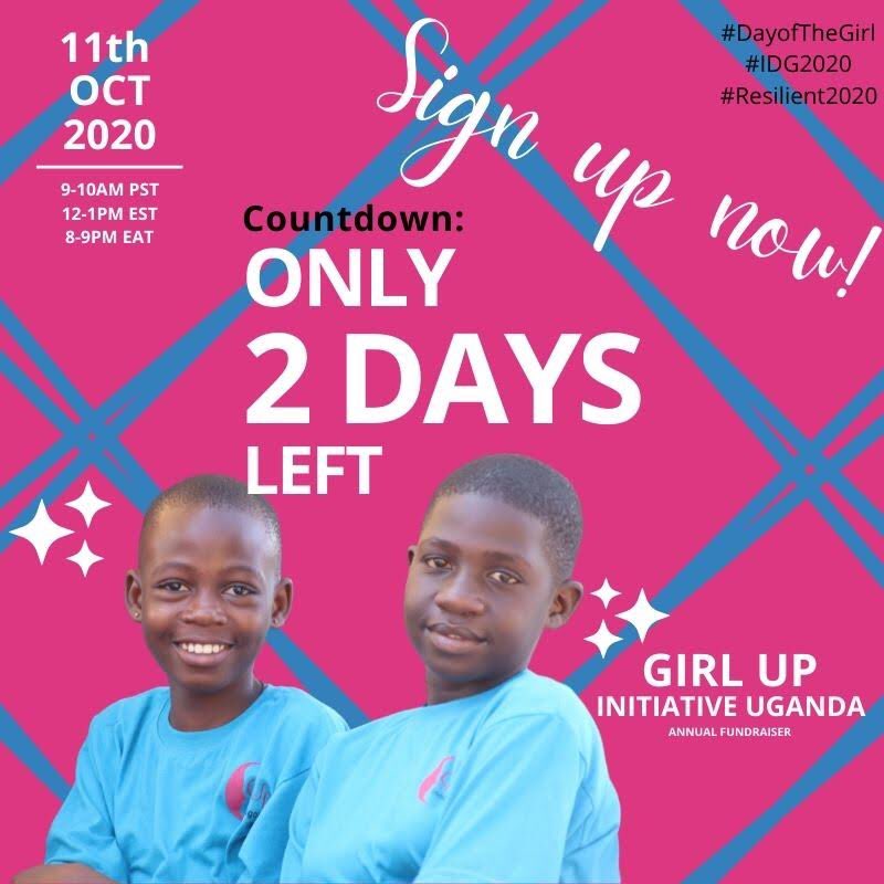 GirlUpUganda's tweet photo. The countdown continues— ONLY 2 MORE DAYS LEFT TO OUR ANNUAL FUNDRAISER!
Tickets are available here: https://t.co/WVacnMI4Yv
#dayofthegirl #IDG2020 #resilient2020 https://t.co/yserIIuh43