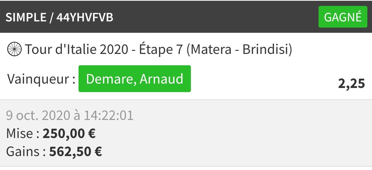 pronoland_'s tweet image. ARNAUD DEMARE, ENCORE 😳😳😳

Olalalala, on continue d&apos;enchaîner les gains, que c&apos;est beau ! 

&quot;Petite&quot; cote à 2.3 certes, mais faut savoir les prendre quand la value est là 🤑

Faîtes péter les ♥️, RT et tickets pour les 2 boss du Giro !!!

#Giro103 #lequipeGIRO #TeamParieur