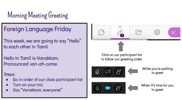 MrsArguesClass's tweet photo. Happy Foreign Language Friday! 

Today we practiced greeting each other in Tamil. We also learned we have a few native speakers in our class who were able to help us with pronunciation, which was very cool. A fun way to say 'good morning!' https://t.co/1VHkjNHRqJ