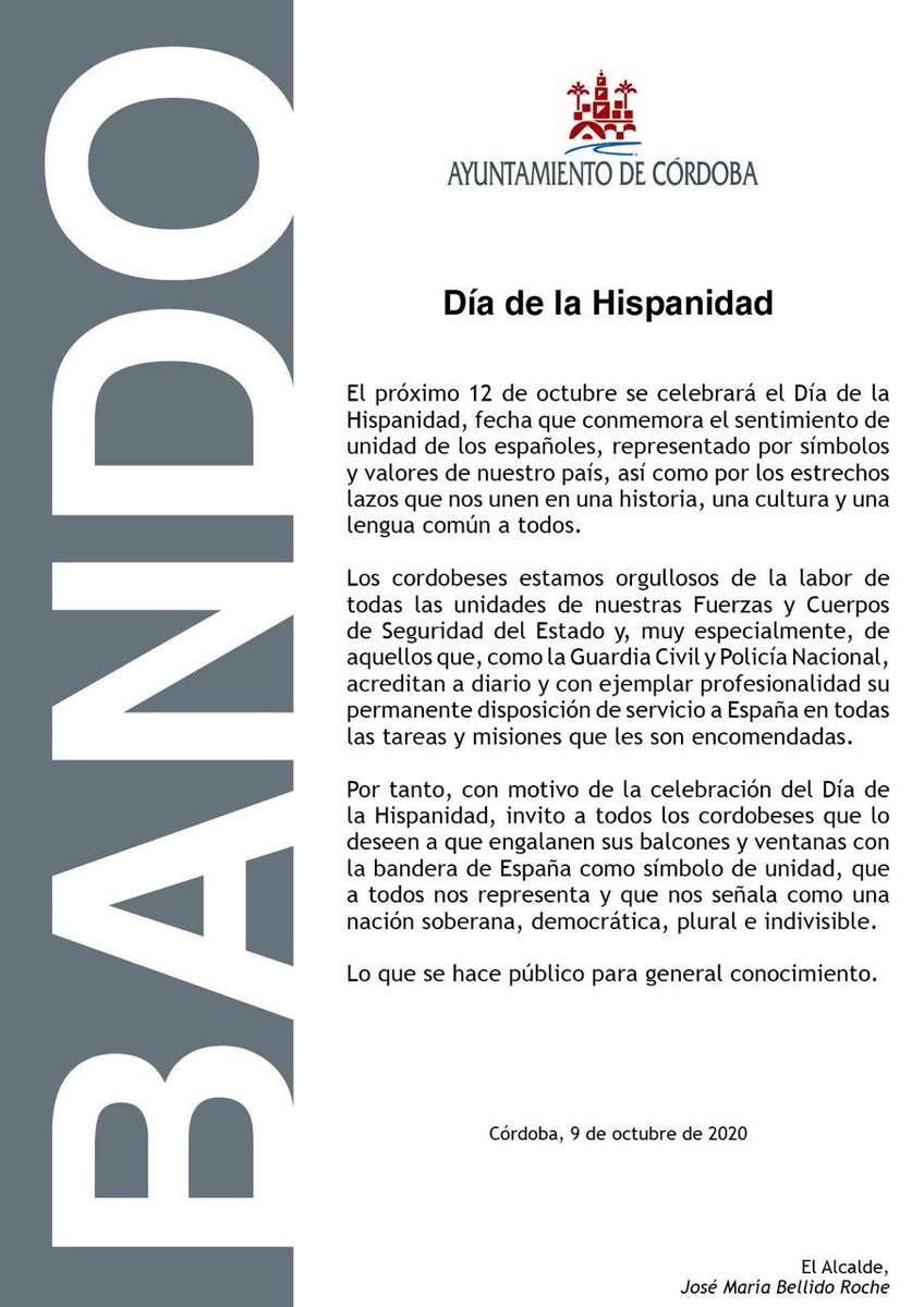 👉 Bando del alcalde <a href="/jmbellidoroche/">José Maria Bellido</a> animando a engalanar los balcones de #CórdobaEsp con la bandera de España con motivo del Día de la Hispanidad
