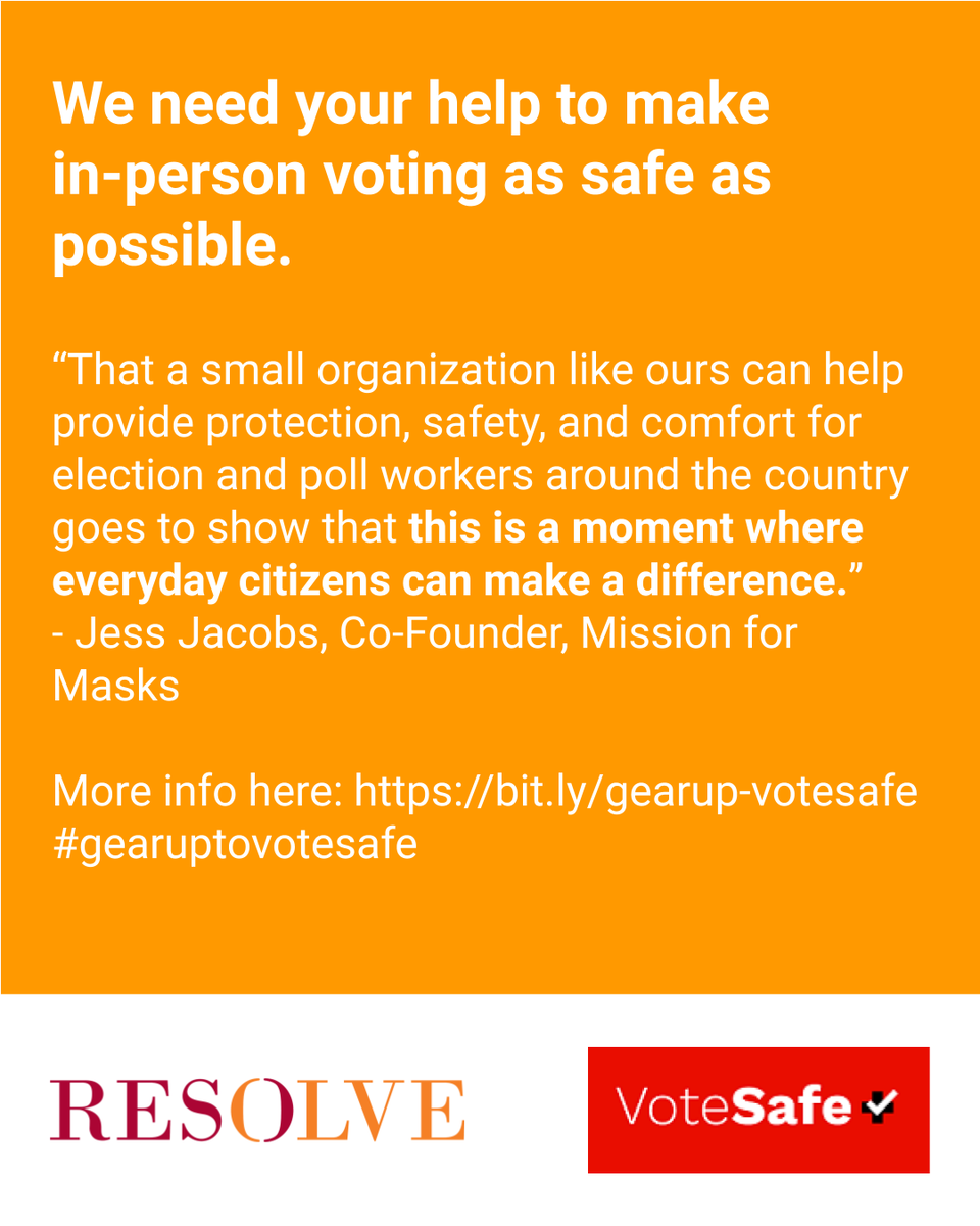 RESOLVENGO's tweet photo. We need your help to make in-person voting as safe as possible. Support us, @VoteSafe and @missionformasks in our efforts to get PPE to polling stations for Election Day. More info here: https://t.co/8cHsQR7XD1
--
@voteathome
@WeCanVote2020
@OSMedSupplies
@MakersRespond https://t.co/pZ3quROe6k