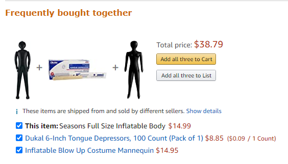 KelliOwen_'s tweet photo. sometimes I have to giggle at the "frequently bought together" on amazon... went looking for an inflatable body to put inside a costume and found this... um, any guesses on the reason for tongue depressors here? #ScaredToAsk https://t.co/Y6BQKJEAAE