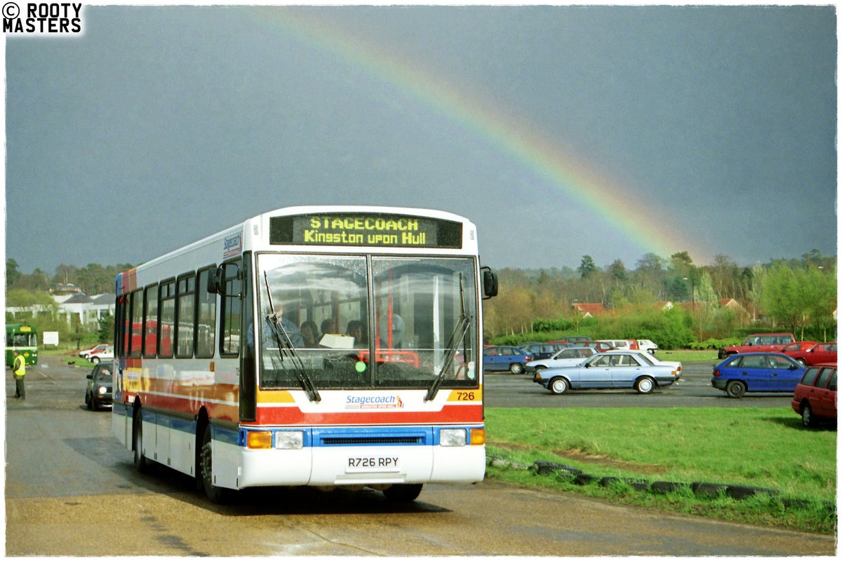 rootymasters's tweet image. Today (09/10/2020) sees the 40th anniversary of @stagecoachgroup  I&apos;ve dug out an archive shot to mark the occasion so here is Stagecoach Kingston upon Hull Volvo B10M-55 / Northern Counties Paladin B48F 726 R726RPY departing Cobham Bus Rally in April 1998 when only 1 month old.