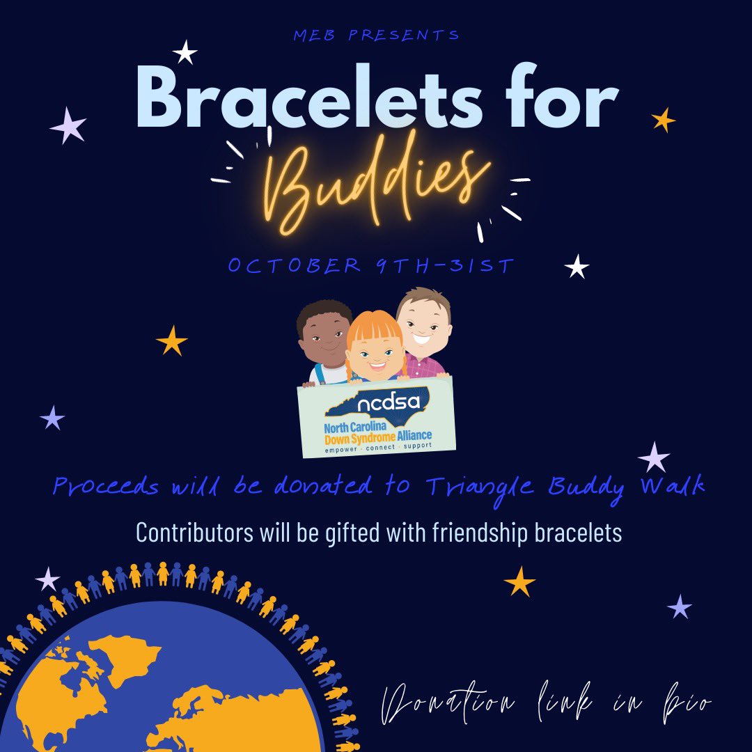 millbrookevents's tweet photo. We are so excited to kick off Bracelets for Buddies, which will occur on October 9th-31st. You can donate RIGHT NOW through our OSP; the link is in our bio. We will donate all proceeds to Triangle Buddy Walk. #dontdismyability https://t.co/oywLz5z5RH