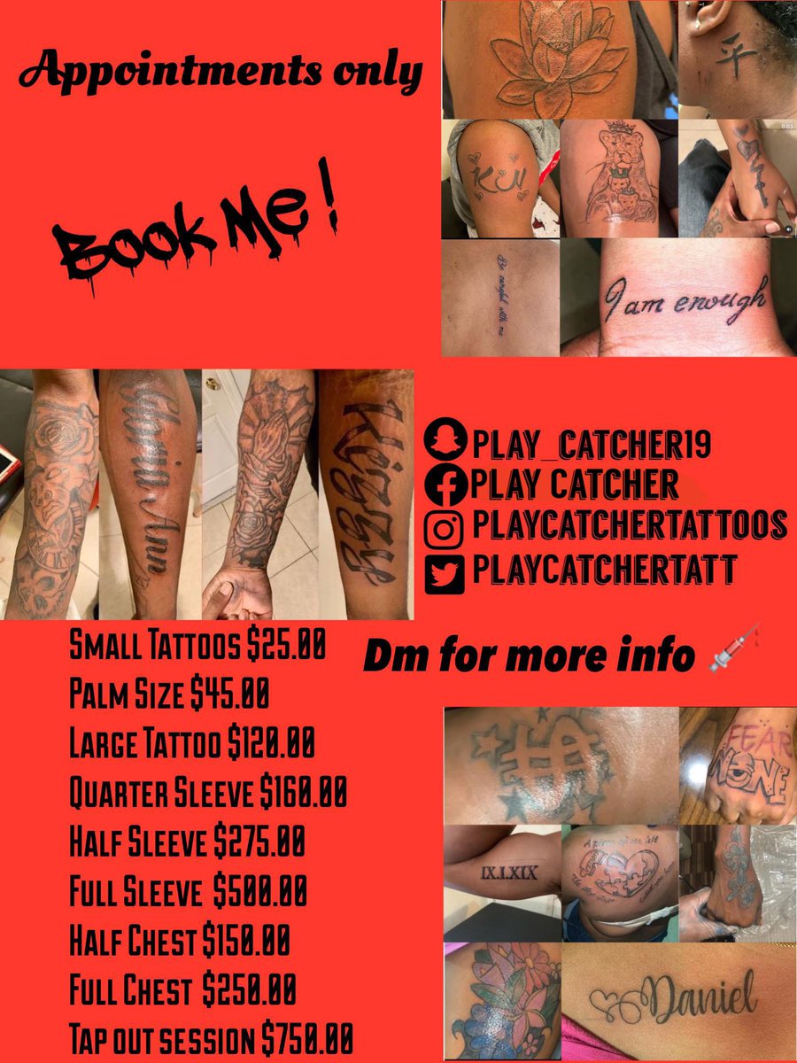 PlayCatcherTatt's tweet photo. Best prices, great quality, DM if interested ‼️ The prices above are appointment only ‼️😤 however walk-in are accepted 🙃😊 serious inquires only ‼️#playcatchertattoos #inkking #ink #tatted #wet #bookme #explorepage✨ #explore #floridatattooartist #georigatattooartist #miami https://t.co/CMzXVwUrrC