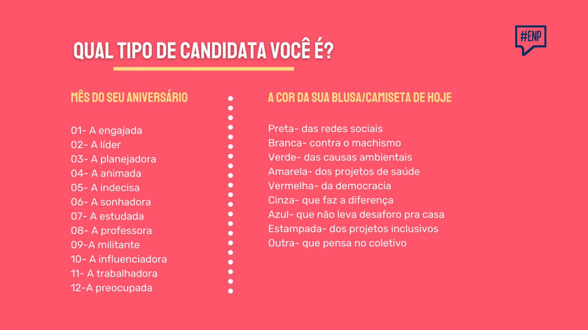 elasnopoderbr's tweet photo. Entra na brincadeira e compartilha aí com a gente qual tipo de candidata você é, vamos amar saber!! 🥰
#ElasNoPoder #Candidatas #MemeDeSexta #ENP https://t.co/yHEd6dXoXq
