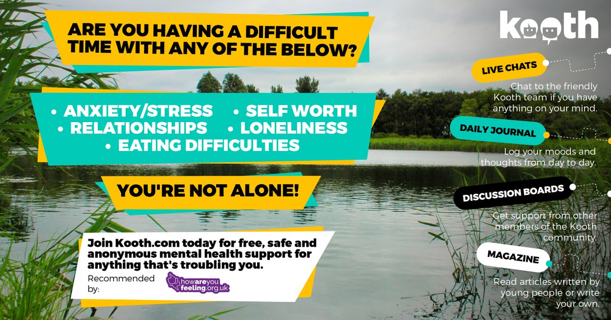 Young people in Hull can join #Kooth; an online, anonymous space to share how you’re feeling and explore different ways to look after your mental health.

If you're aged 11-25, please sign up and look after your mental wellbeing: kooth.com 

#WorldMentalHealthDay