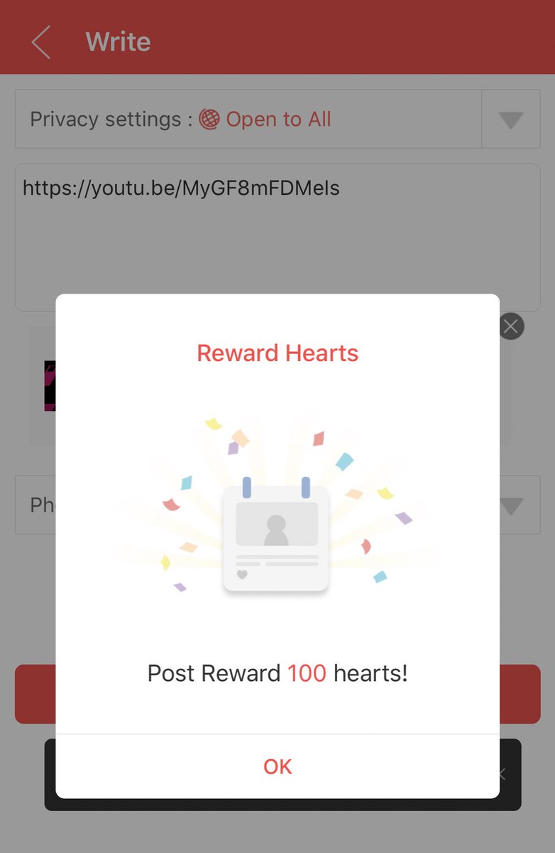 Post youtube, Naver or Vlive link - 100EH per day Note:* Wait for the thumbnail to load or you won't get the hearts.* If you upload the same URL as the last 10 video URLs (of each community) hearts are not earned. @BTS_twt