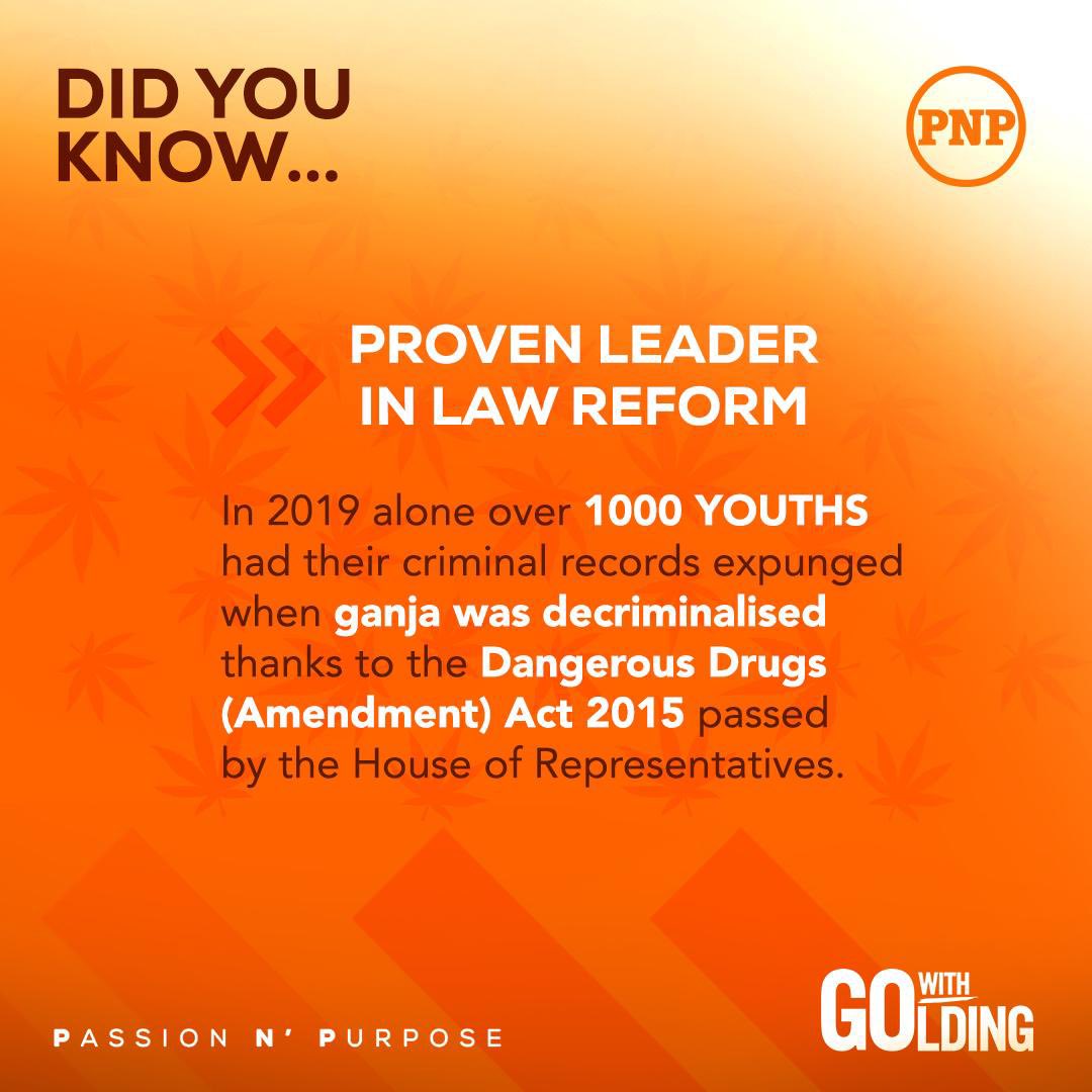 For years men both young and old from poor communities would be locked up for a "spliff" smearing their records and compromising their future. I am pleased to have been a leader in changing our laws to decriminalize ganja.   #GoWithGolding   #GrowWithGolding