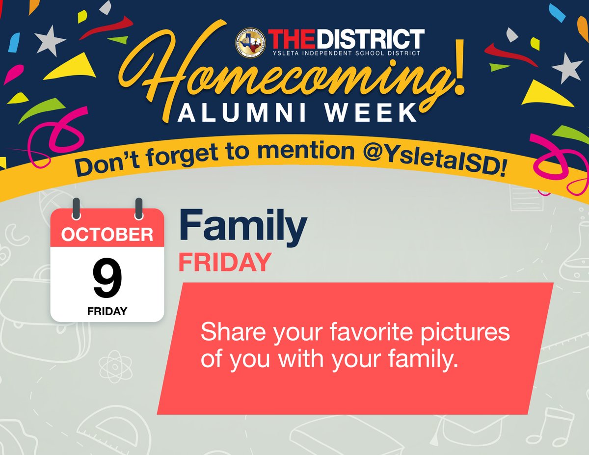 YsletaISD's tweet image. Last day of #AlumniWeek!  #THEDISTRICT is looking forward to all you posts today! Don't forget to mention @YsletaISD!