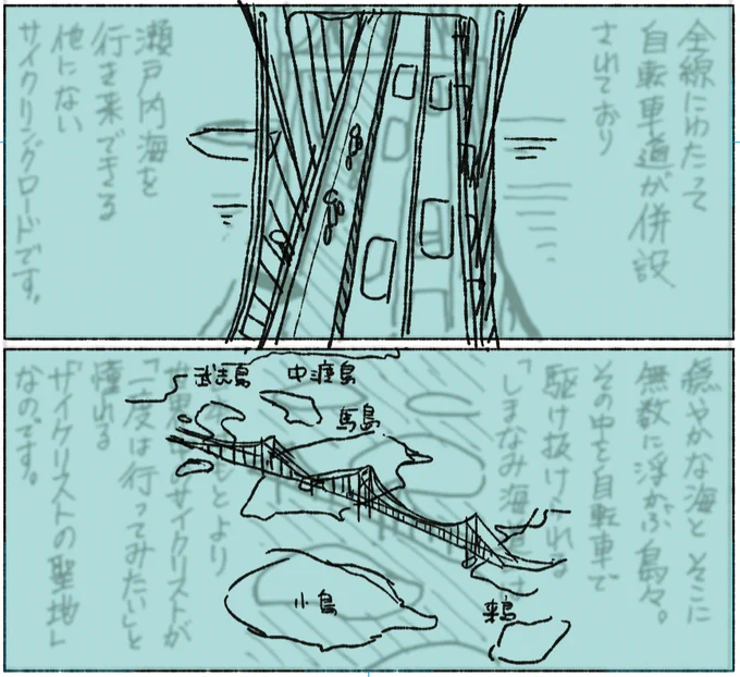 しまなみ海道のまんが進捗です。どうしても橋の描写が単調になりがちなので、俯瞰する図、遠くから見た図など見せ方を工夫したいです (でも描くの大変) 