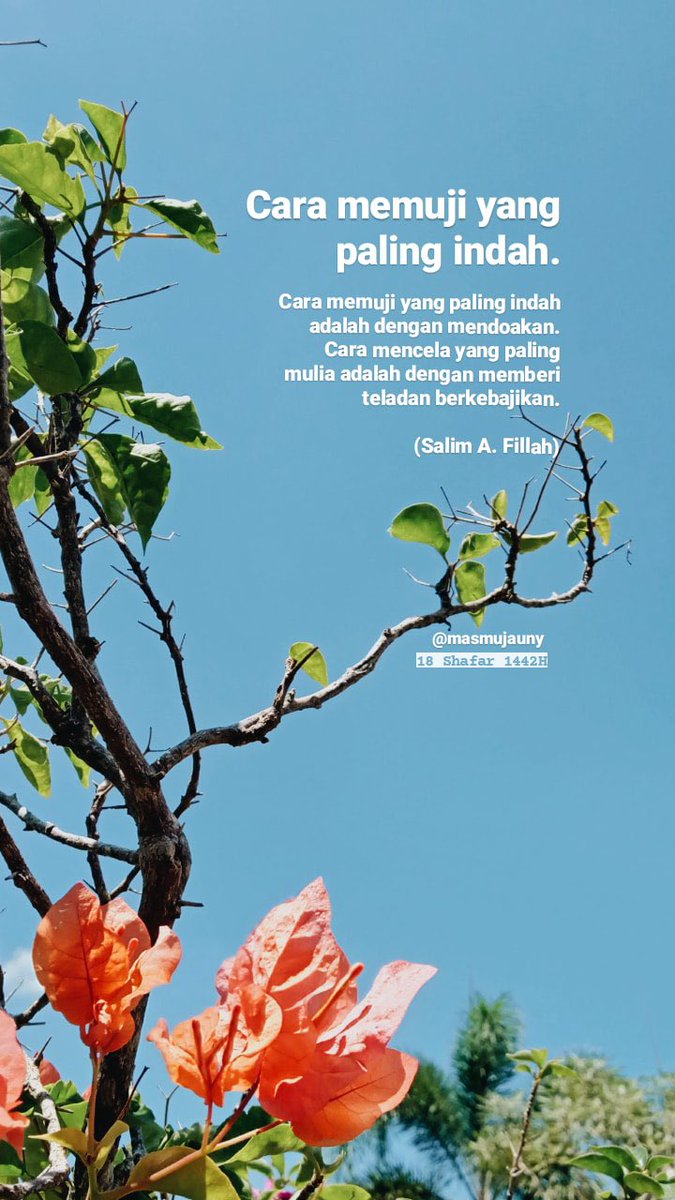 Cara memuji yang paling indah adalah dengan mendo'akan. Cara mencela yang paling mulia adalah dengan memberi teladan berkebajikan. (Salim A. Fillah) <a href="/salimafillah/">Salim A. Fillah</a>