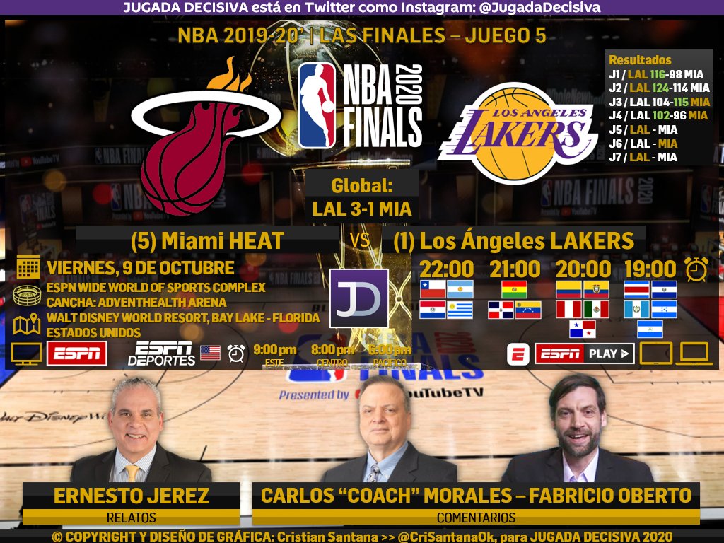 #NBA 🏀 | #NBAFinals 2020 - Juego 5
#HEATTwitter (@MiamiHEAT) 🆚 #LakeShow (@Lakers) | LAL 3-1 MIA

🎙️Relatos: @EJerezESPN
🎙️Comentarios: @CoachCMorales y @obricio7 

🤳🏻 #NBAxESPN - #LaPasiónNuncaSeFue | #WholeNewGame

🖥🌎 ESPN Latinoamérica
🖥🇺🇸 ESPN Deportes

🔃y/o💟