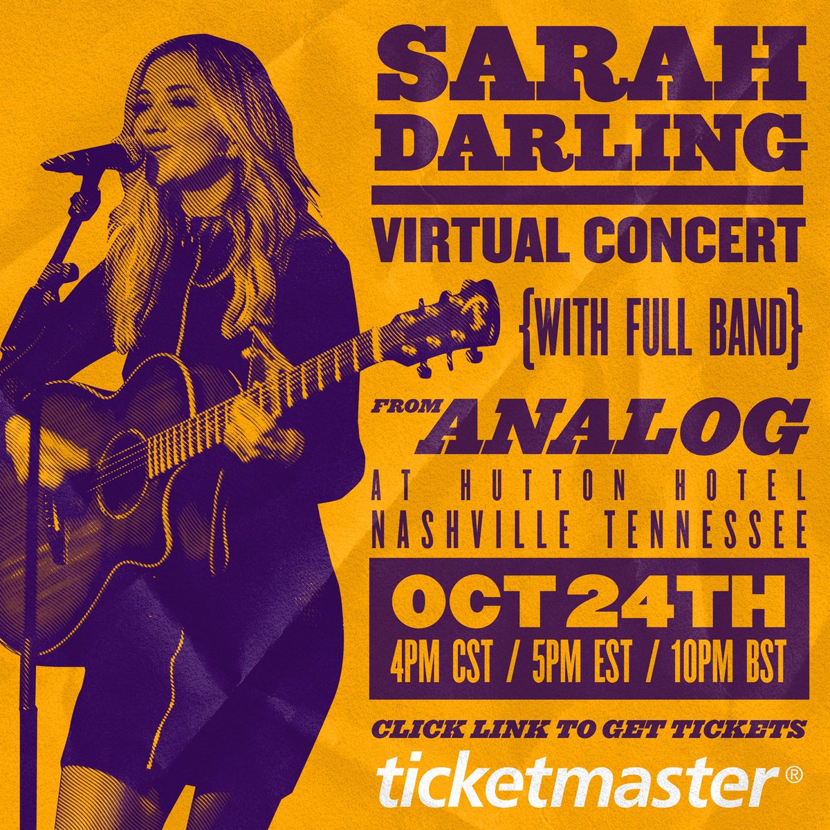 I’ve been so excited waiting to ANNOUNCE a full band virtual concert experience happening Oct 24 live from Analog Nashville! TICKETS available
 NOW! 🥁🧡
universe.com/events/sarah-d…

Ps.  There are only a LIMITED number of early bird tickets available! 🐦
#virtual #concert