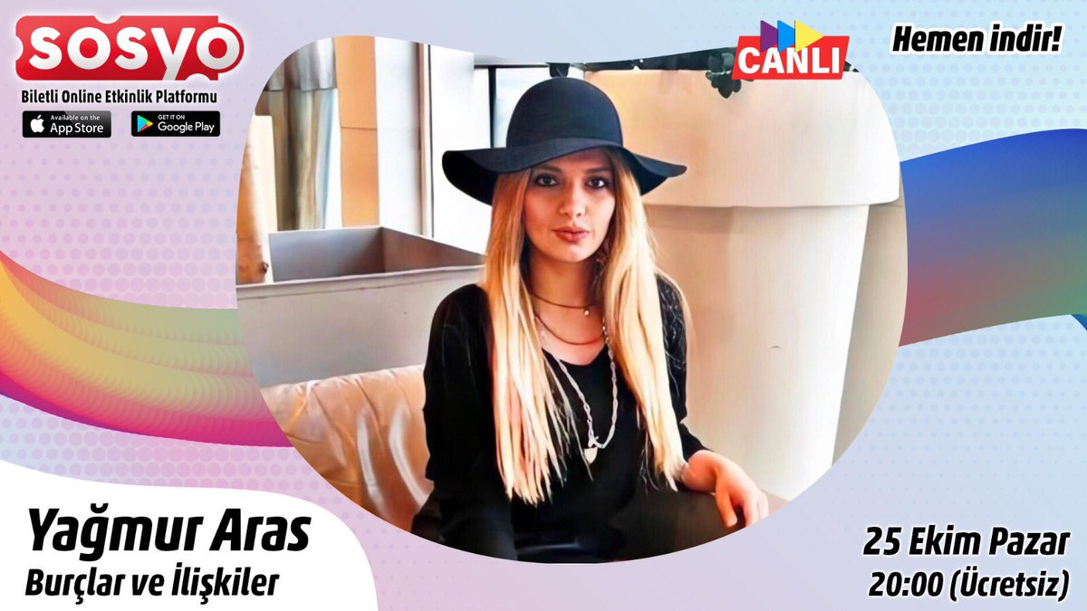 Astrolog Yağmur Aras “Burçlar ve İlişkiler” online eğitimi canlı yayınla 25 Ekim Pazar 20:00’da SOSYO’da!

🔺 onelink.to/qtmzc5