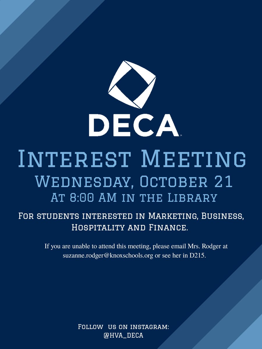 Join us for our first DECA meeting on October 21st at 8 AM in the library! @HVAPrincipal  @BLPAatHVA
