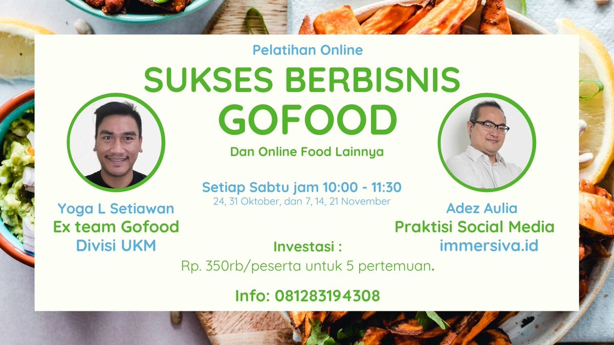 Pelatihan online: SUKSES BERBISNIS GOFOOD dan online food lainnya. 5x pertemuan dengan fokus pada praktek. 

Yang mau ikutan silakan kontak saya via whatsapp. 
klik wa.me/6281283194308 atau catat 081283194308

tag:
#TenggelamkanDemokrat