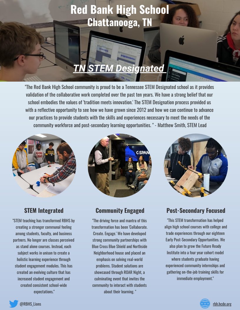 Tennessee STEM Innovation Network (@thetsin) on Twitter photo Today we are pleased to feature <a href="/RBHS_Lions/">Red Bank High School</a> in Chattanooga, TN as our Designated #STEM School of the Day! <a href="/smith_matthew89/">Matthew Smith</a> shares the transformational impact of integrated learning modules and developing community and post-secondary partnerships. Check it out! #TNSTEM Today we are pleased to feature <a href="/RBHS_Lions/">Red Bank High School</a> in Chattanooga, TN as our Designated #STEM School of the Day! <a href="/smith_matthew89/">Matthew Smith</a> shares the transformational impact of integrated learning modules and developing community and post-secondary partnerships. Check it out! #TNSTEM