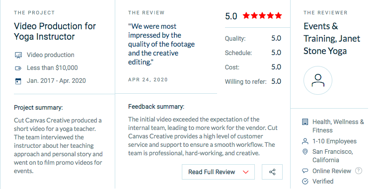 Cut Canvas Creative (@cutcanvas) on Twitter photo A HUGE thank you to San Francisco-based yoga instructor <a href="/janetstoneyoga/">Janet Stone</a> for the kind testimonial! We have had the pleasure of working with Janet and her excellent team over the years on several videos for her yoga business, as well as music videos.
clutch.co/profile/cut-ca… A HUGE thank you to San Francisco-based yoga instructor <a href="/janetstoneyoga/">Janet Stone</a> for the kind testimonial! We have had the pleasure of working with Janet and her excellent team over the years on several videos for her yoga business, as well as music videos.
clutch.co/profile/cut-ca…