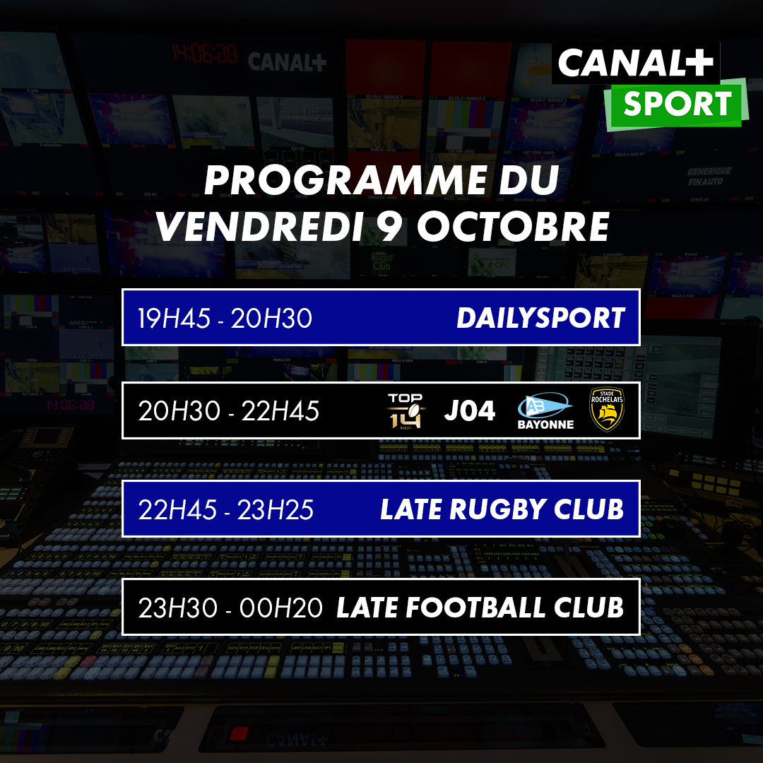 CanalplusSport's tweet photo. Votre programme de ce soir sur CANAL+SPORT 🏉⚽️
#DailySport #ABSR #LateRC #LateFC https://t.co/QtJ5qtilmA