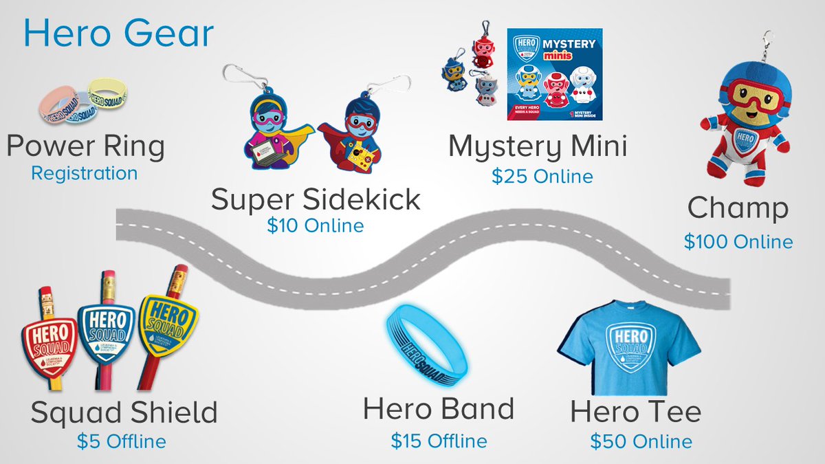 Calling all Heroes! This year each mission you complete you’ll get our all new HERO GEAR! One of my favorites is the Mystery Mini – each is modeled after our blood cells. Make sure to create your online fundraising page and get to sharing!  herosquad.org