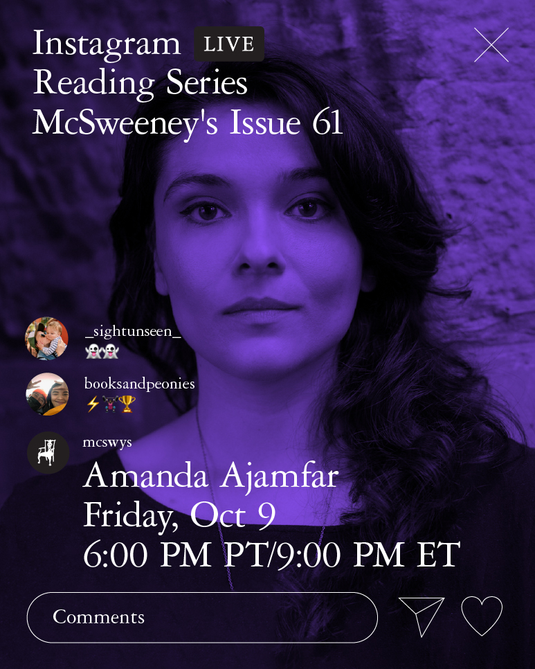 mcsweeneys's tweet photo. Join us tonight for our second to last Issue 61 Instagram Live Reading, where we'll be joined by Amanda Ajamfar! Come be alone together with us.
https://t.co/6cm7YyVVuM https://t.co/kHuQNONaZj