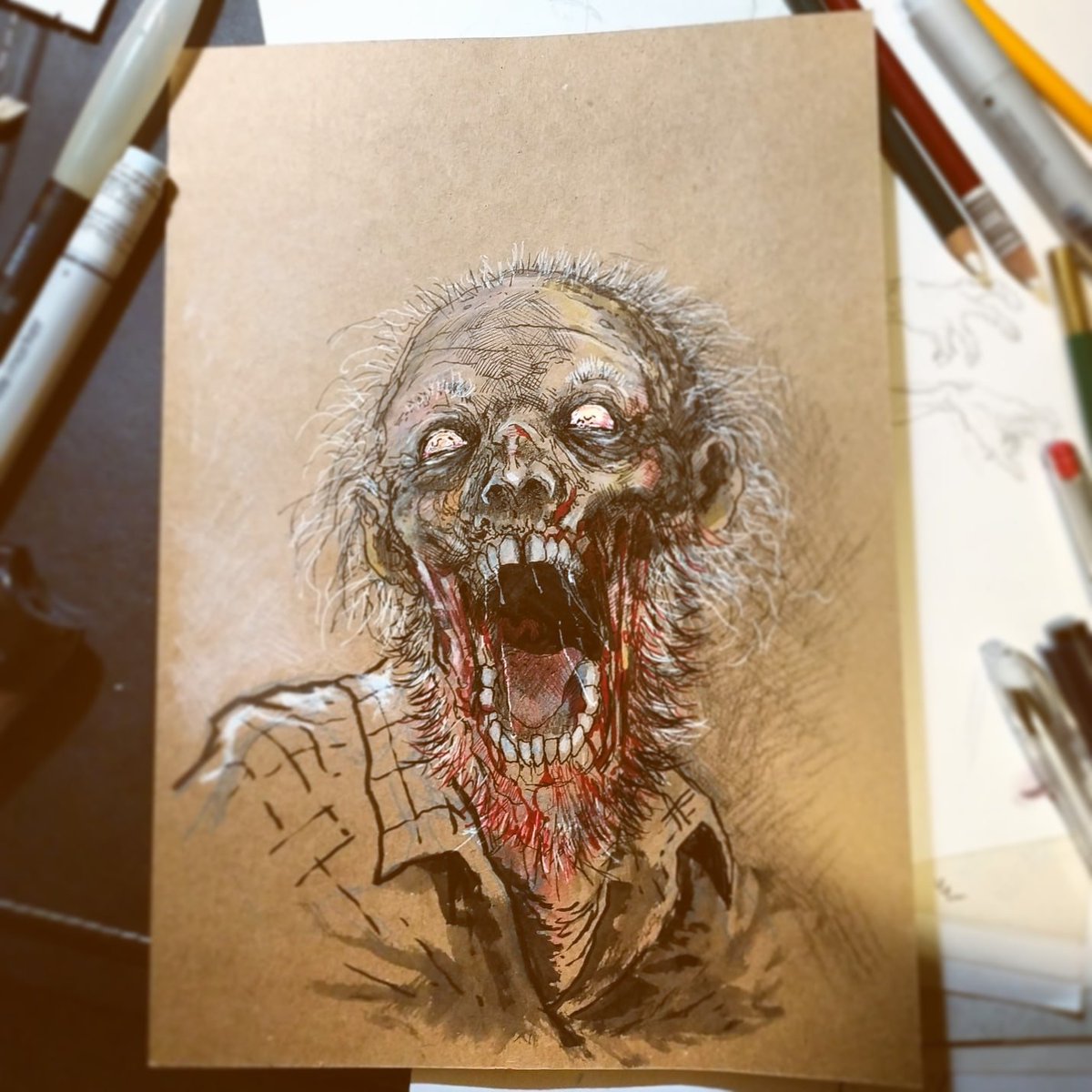 TheSaintYak's tweet photo. He sings
LALALALAAAAAALA!!! 
#forpractice #traditional #art #traditionalart #ink #pencil #copicmarkers #ballpen #white #crayons #twd #amcthewalkingdead #twdfamily #zombie #walkers #WalkingDead #ArtistOnTwitter #NobodyArtistClub https://t.co/oxQNrEeGV3