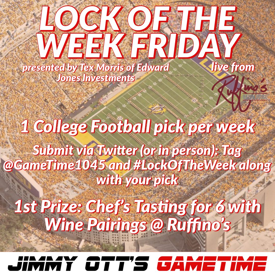 GameTime1045's tweet photo. 🚨🏈 You know that day it is!! It’s #LockOfTheWeek Friday at @Ruffinos! 🏈🚨

Submit your picks on Twitter or in person...the race is getting tight so choose VERY carefully. 

And make sure to listen to GameTime on @1045espn! https://t.co/emGHk3QfRc