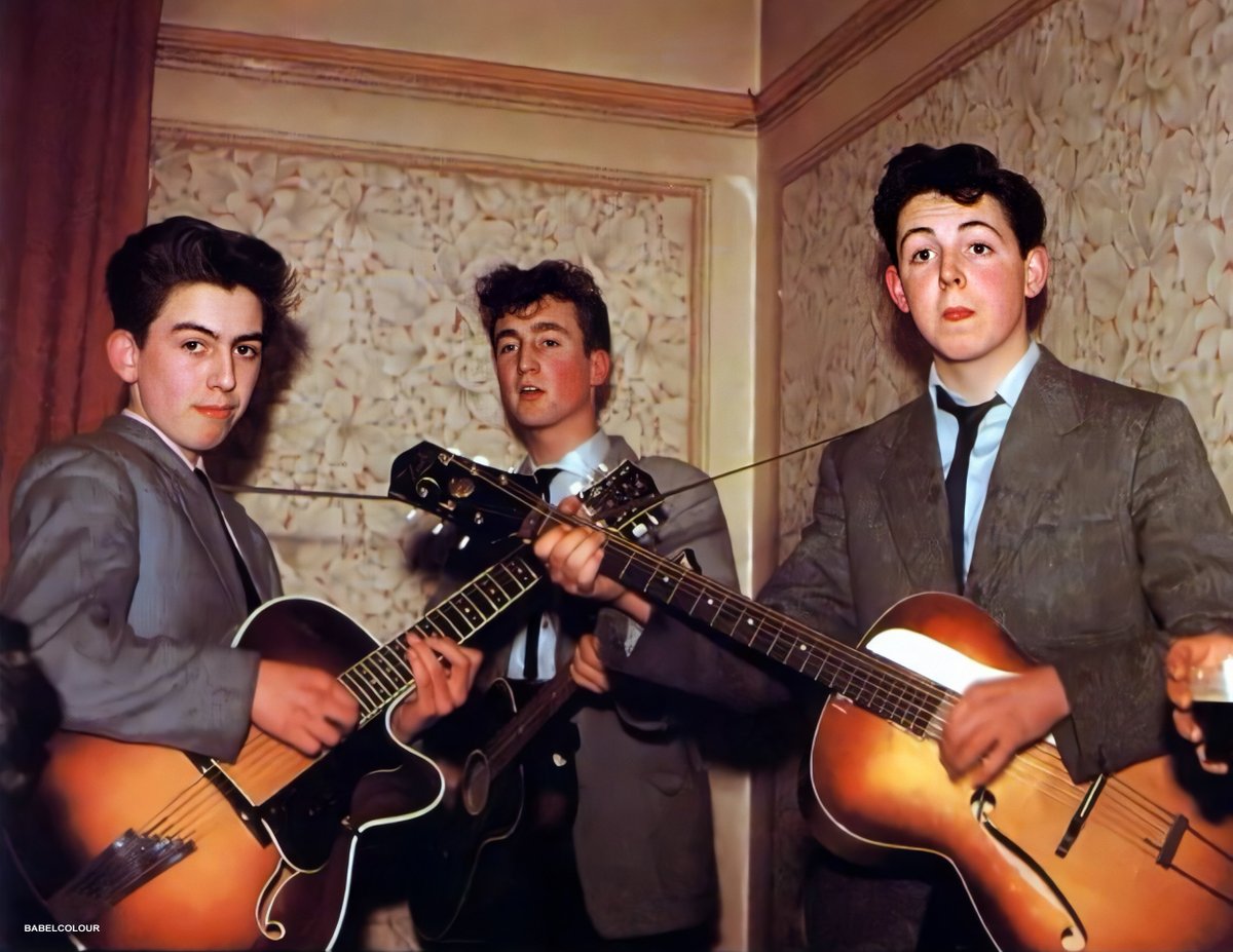 I see it is John Lennon's birth-date today, so here's a great pre-Beatles photo I've polished a little bit, showing John Lennon (aged 16), Paul McCartney (15) and George Harrison (14) playing a gig as 'The Quarrymen' at Paul's Aunt's party in 1957 #HappyBirthdayJohnLennon