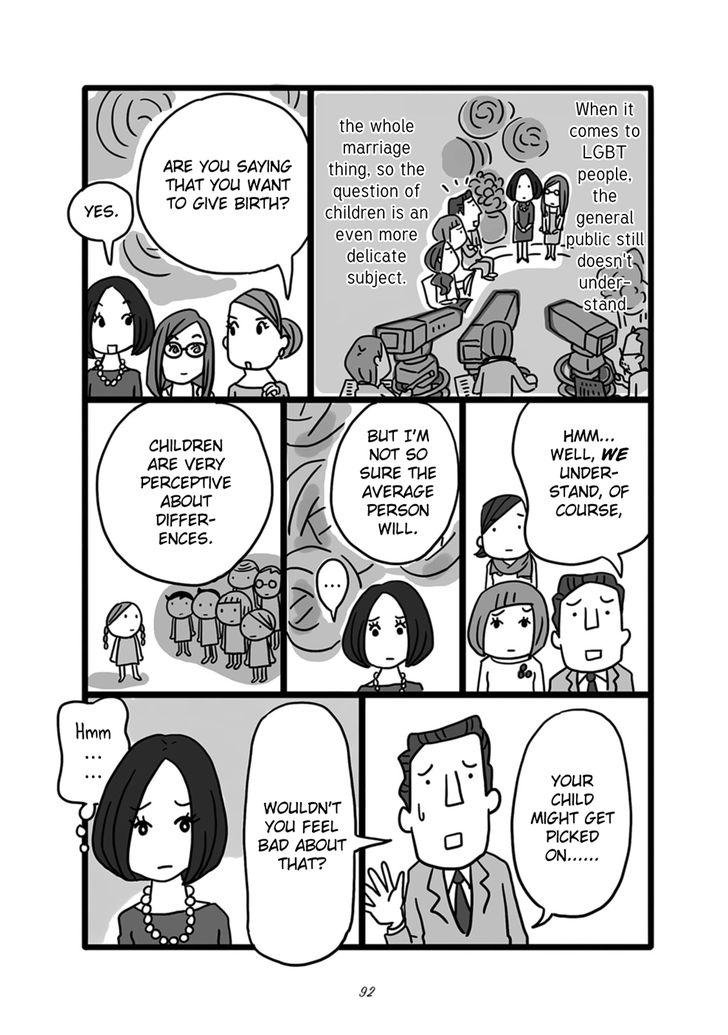 Lesbian-teki Kekkon SeikatsuAn autobiographical manga about a married lesbian couple who decide to have a baby. The manga goes into detail about the trials of same-sex adoption in Japan, where they face criticism, legal battles, surrogacy difficulties and more