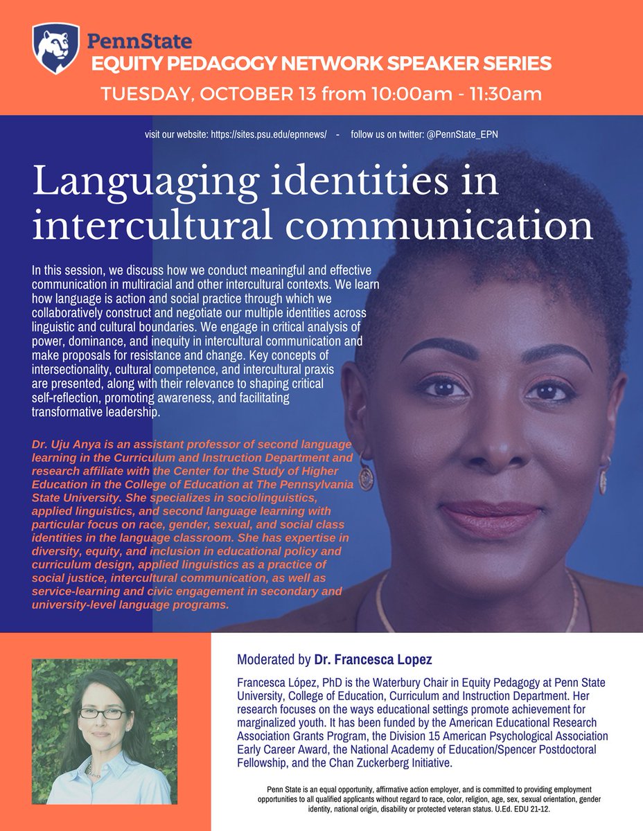 UjuAnya's tweet photo. Looking forward to my upcoming talk on how we language identities in intercultural communication. Part of the critical work being done by the Equity Pedagogy Network of faculty and staff from across our Penn State campuses. @PennState_EPN @PennState_CSHE https://t.co/afsCX1EfMC