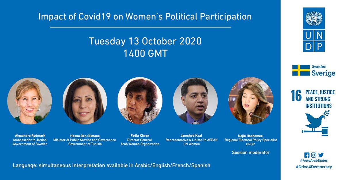 voteArabStates's tweet photo. To know more about the impact of #COVID19 on women's political participation and hear our excellent panel of speakers, please join us on Tuesday 13 October at 5 pm Jordan time.

Send a message to register and attend the webinar! https://t.co/FaaMt8g3GZ