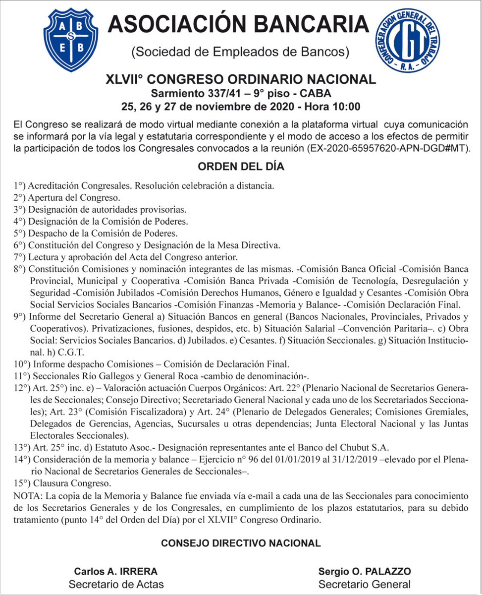 La_Bancaria's tweet photo. XLVII° CONGRESO ORDINARIO NACIONAL. 25, 26 y 27 de noviembre de 2020. ORDEN DEL DÍA https://t.co/JGE1bUkbg6