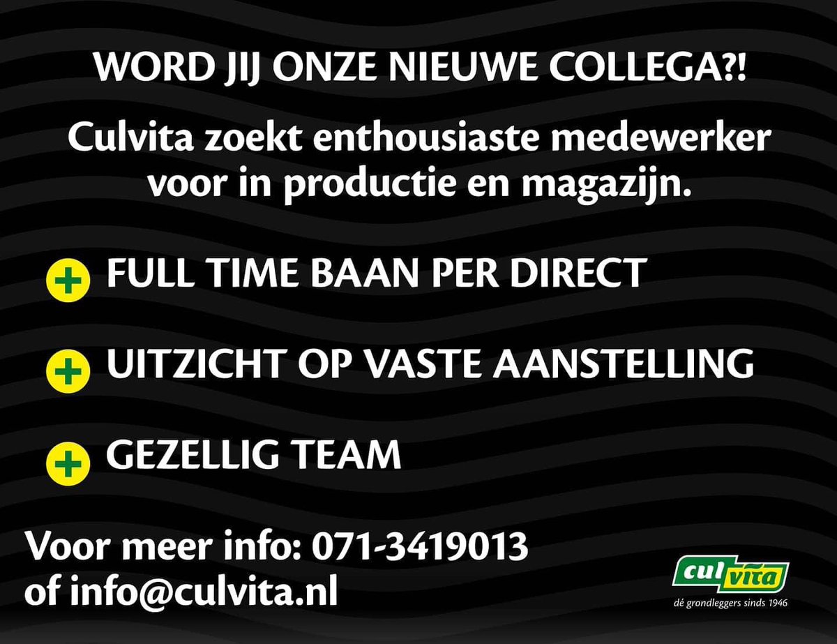 Culvita is op zoek!
Naar een enthousiaste medewerker die werkzaam zal zijn in de productie en het magazijn. Onderdeel van de werkzaamheden is onder andere het bedienen van verschillende verpakkingsmachines en taken in het magazijn. Het betreft een fulltime baan voor 40 uur.