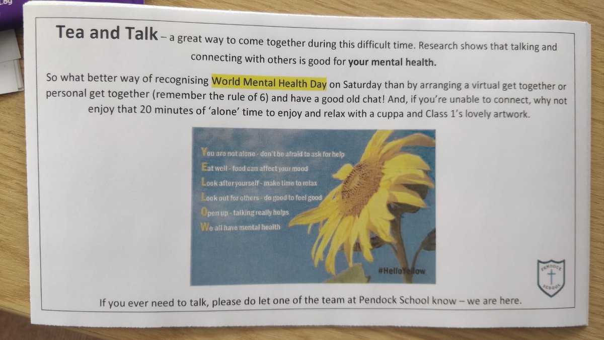 A little gift for our parents and members of the community this Friday to mark World Mental Health Day tomorrow #HellowYellow <a href="/CofEWorcEduTeam/">Diocesan Edu Team</a> @WCF_eduservs <a href="/PendockFriends/">Friends of Pendock School</a>