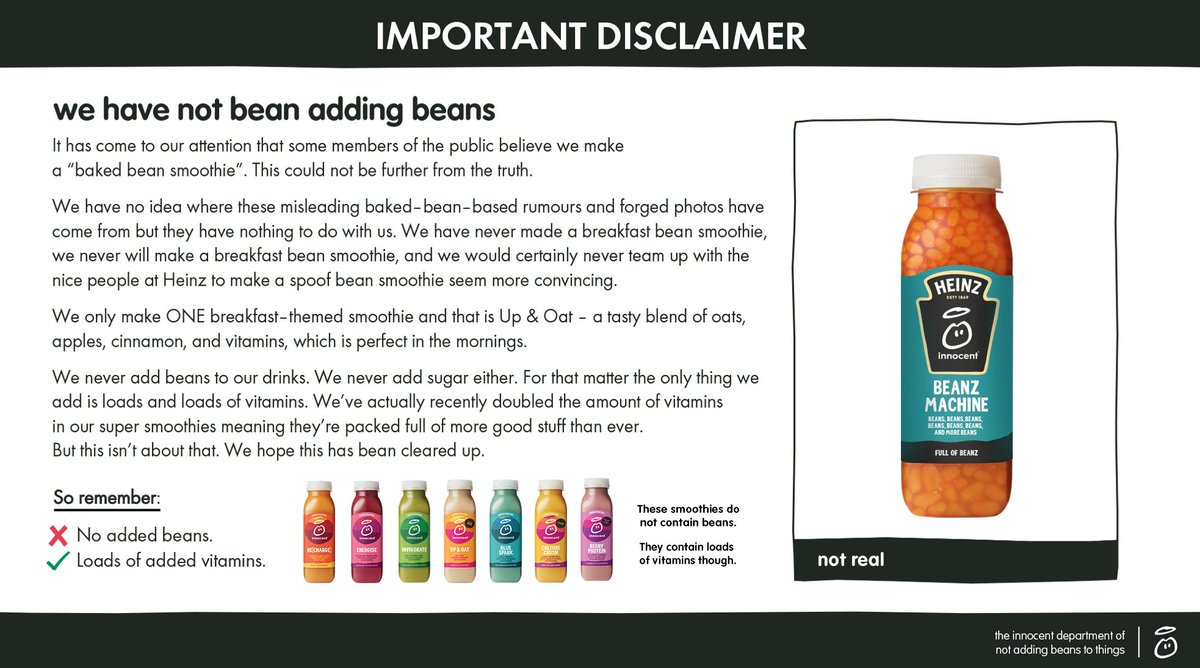 IMPORTANT BEAN-BASED DISCLAIMERWe have NOT made a bean smoothie. We have no idea where these stories have come from but it's clear that social media has once again bean fuelling the spread of misinformation.Sincerely,the innocent department of not adding beans to things