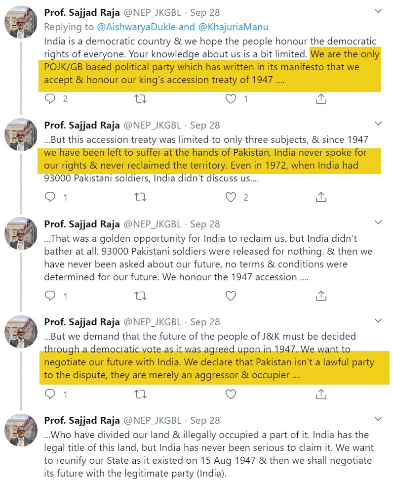 Sajjad when addresses Indians he says that He and his party accepts Hari Singh's accession to India as valid, Indian army presence in Kashmir totally legal while Pakistan as the aggressor. He also wants India to kick Pakistan out of AJK/GB.