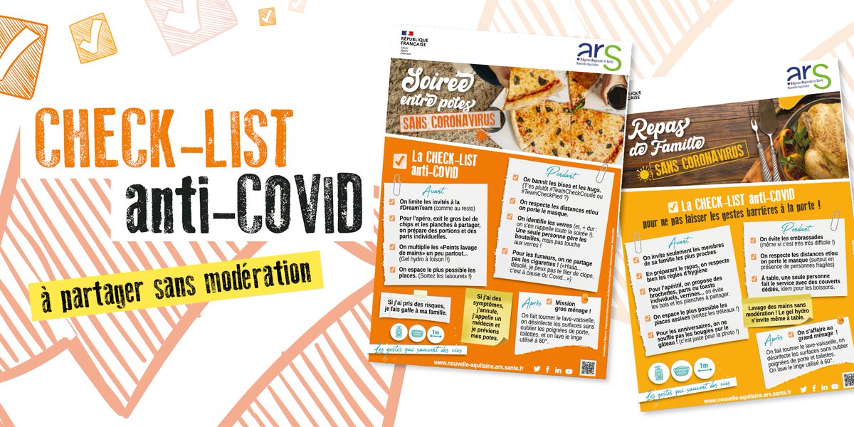 [#COVID19]🥳Ce week-end vous organisez un repas de famille ou une soirée entre potes, mais vous vous demandez comment protéger tout le monde ?🤔Découvrez et partagez nos Check-lists anti-Covid 📝#prenezsoindevousetdevosproches 🙏
 #inversonslatendance ➡️bit.ly/30KWZtC