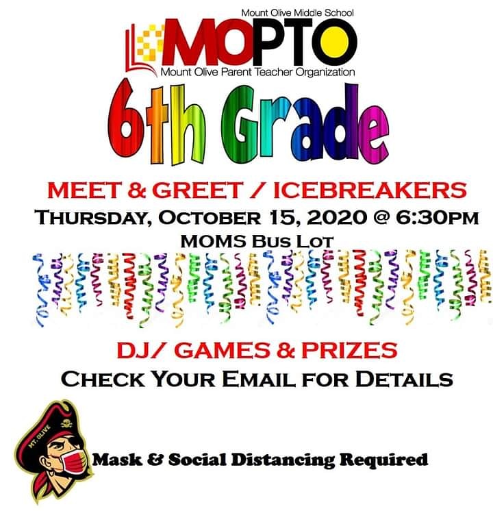 MOPTO’s 6th Grade Meet &amp; Greet/Icebreakers! 
Registration Form: forms.gle/hNgNYV6LxHBXUz…  
COVID-19 Form: forms.gle/XgncqHnmjG4QMN…
Tickets $5.50  
mt-olive-pto.square.site
Due to safety protocols, NO TICKETS CAN BE SOLD AT THE EVENT, AND MUST BE PURCHASED IN ADVANCE. NO EXCEPTIONS.