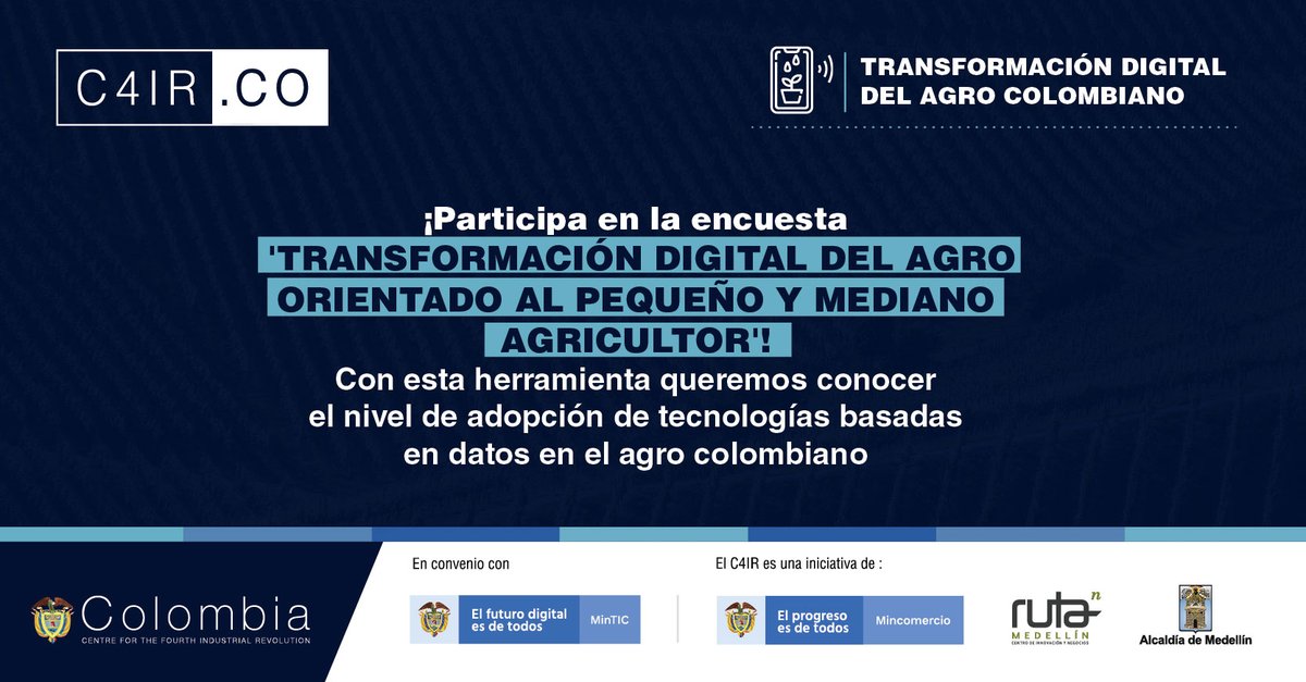 C4IRColombia's tweet photo. El campo colombiano cada vez encuentra más oportunidades en la digitalización del sector agrícola. 

👉 ¡Ayúdanos a entender el nivel de apropiación de tecnologías y necesidades en este sector tan relevante para el desarrollo de nuestro país!

https://t.co/bFU6jVBIjV https://t.co/Qc1Uyxq2Ek
