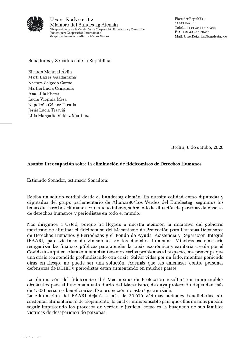 SerapazMexico's tweet photo. 📨 Integrantes del parlamento alemán llaman a @RicardoMonrealA y al @senadomexicano a no dejar a más de 30,000 mil víctimas sin los mecanismos indispensables para seguir impulsando sus procesos de verdad y justicia, y por el contrario, fortalecer #fideicomiSOS como el #FAARI 👇 https://t.co/cVFZyPoZ30