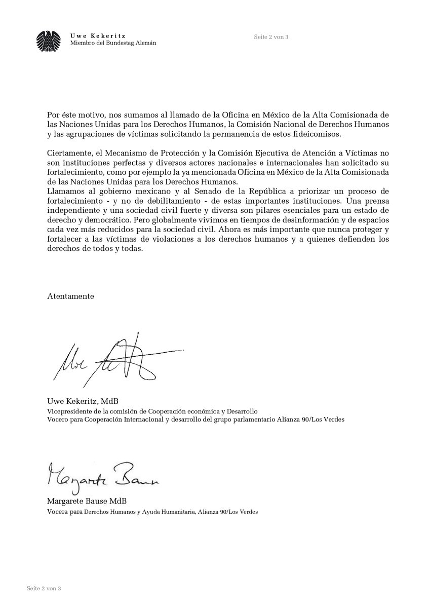 SerapazMexico's tweet photo. 📨 Integrantes del parlamento alemán llaman a @RicardoMonrealA y al @senadomexicano a no dejar a más de 30,000 mil víctimas sin los mecanismos indispensables para seguir impulsando sus procesos de verdad y justicia, y por el contrario, fortalecer #fideicomiSOS como el #FAARI 👇 https://t.co/cVFZyPoZ30