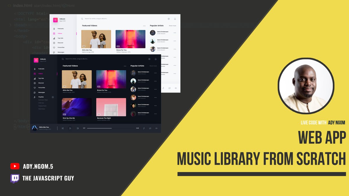 adyngom's tweet image. Live code streaming today at 5:30pm EST (9:30pm GMT)
Let's dev a Music Library interface with dark and light mode from scratch.
#100DaysOfCode #webdevelopment. Follow/Subcribe:
bit.ly/adytwitch bit.ly/adyyoutube
